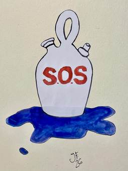 Un botijo blanco con las letras S.O.S. en rojo sobre un charco azul