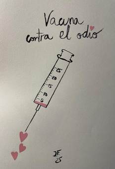 Una jeringa que suelta corazones, con el texto «vacuna contra el odio»
