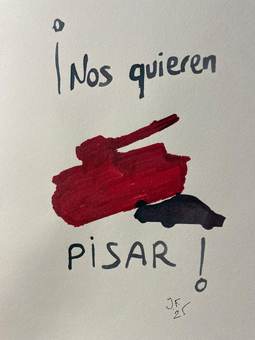 Un tanque rojo aplastando un coche: «¡Nos quieren pisar!»