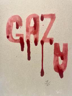 La palabra «Gaza» escrita en rojo, chorreando