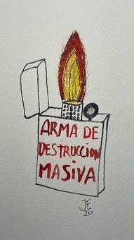 Un mechero encendido rotulado «Arma de destrucción masiva»