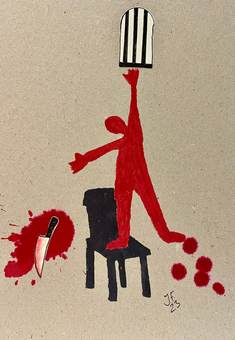 Figura roja de pie sobre una silla, con un cuchillo y sangre en el suelo
