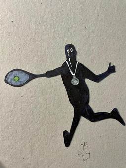 Figura negra corriendo con una raqueta y una medalla al cuello