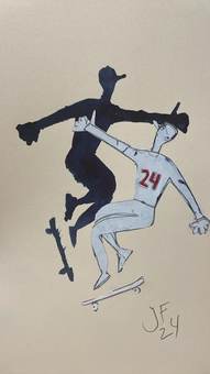 Dos figuras sobre monopatines chocando en el aire