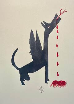 Un lobo azul aullando mientras le cae un hilo de sangre