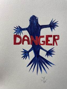 Una rana azul extendida con la palabra «danger» encima