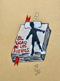 Una figura saltando sobre un libro abierto titulado «El libro de los sueños»