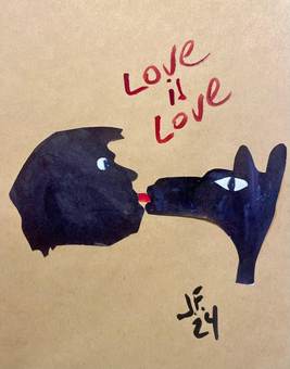 Dos perfiles azules besándose bajo las palabras «love is love»