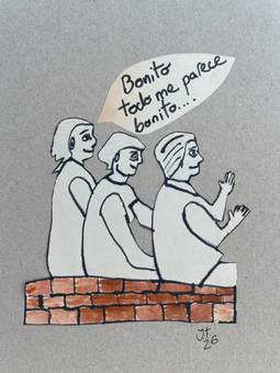 Tres figuras sentadas en un muro: «Bonito, todo me parece bonito…»