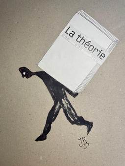 Figura cargando a la espalda un libro enorme titulado «La théorie»