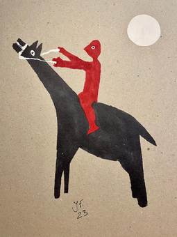 Un jinete rojo sobre un caballo negro