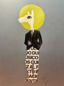 Una llama con traje y corbata delante de un sol amarillo