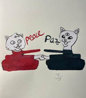 Dos tanques con cara de gato apuntándose: «peace» y «paz»