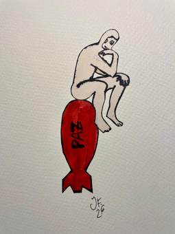 Una figura pensativa sentada sobre una bomba roja con la palabra «paz»
