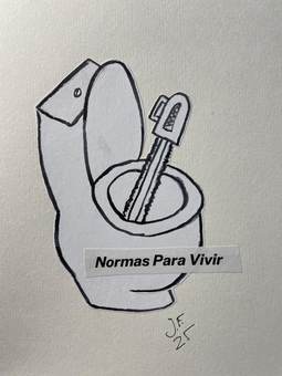 Un váter con un serrucho dentro y el rótulo «Normas para vivir»