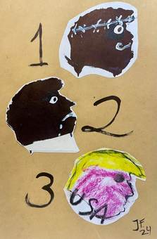 Tres cabezas numeradas 1, 2 y 3 sobre fondo ocre