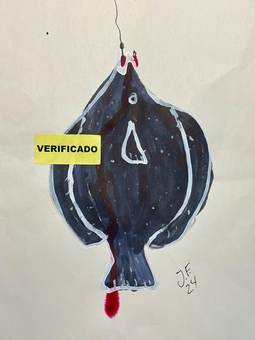 Un pez colgado de un anzuelo con una pegatina que dice «verificado»