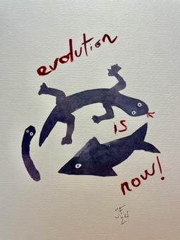 Peces y anfibios con el lema «evolution is now!»