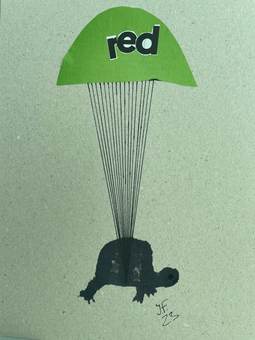 Una tortuga colgando de un paracaídas verde con la palabra «red»