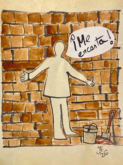 Figura ante un muro de ladrillo recién levantado diciendo «¡Me encanta!»