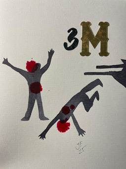 Figuras cayendo heridas junto al rótulo «3M»