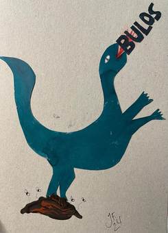 Un ave azul con el pico rotulado «bulos», defecando