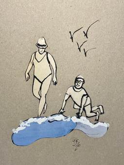 Dos bañistas y una ola azul