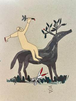 Figura desnuda cabalgando un ciervo, con unas tijeras en la hierba