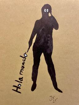 Figura oscura con pasamontañas escribiendo «Hola mundo» en la pared