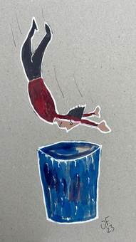 Figura lanzándose de cabeza a un vaso azul