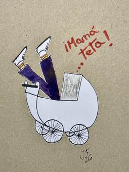 Un cochecito de bebé del que salen dos piernas, con un grito escrito en rojo