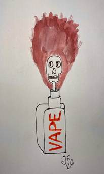 Una calavera saliendo del vapor de un frasco rotulado «vape»