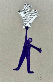 Figura azul agarrada con una mano a un carrito de la compra que se eleva