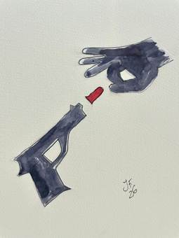 Dos manos formando una pistola que dispara un pintalabios