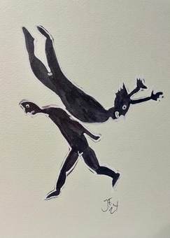 Una figura y un gato saltando en el aire